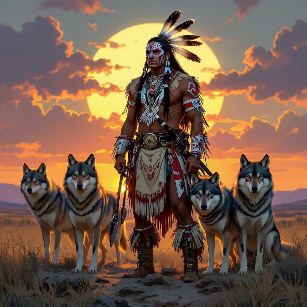 Cheyenne Dog Soldier and Wolf Pack at Sunset