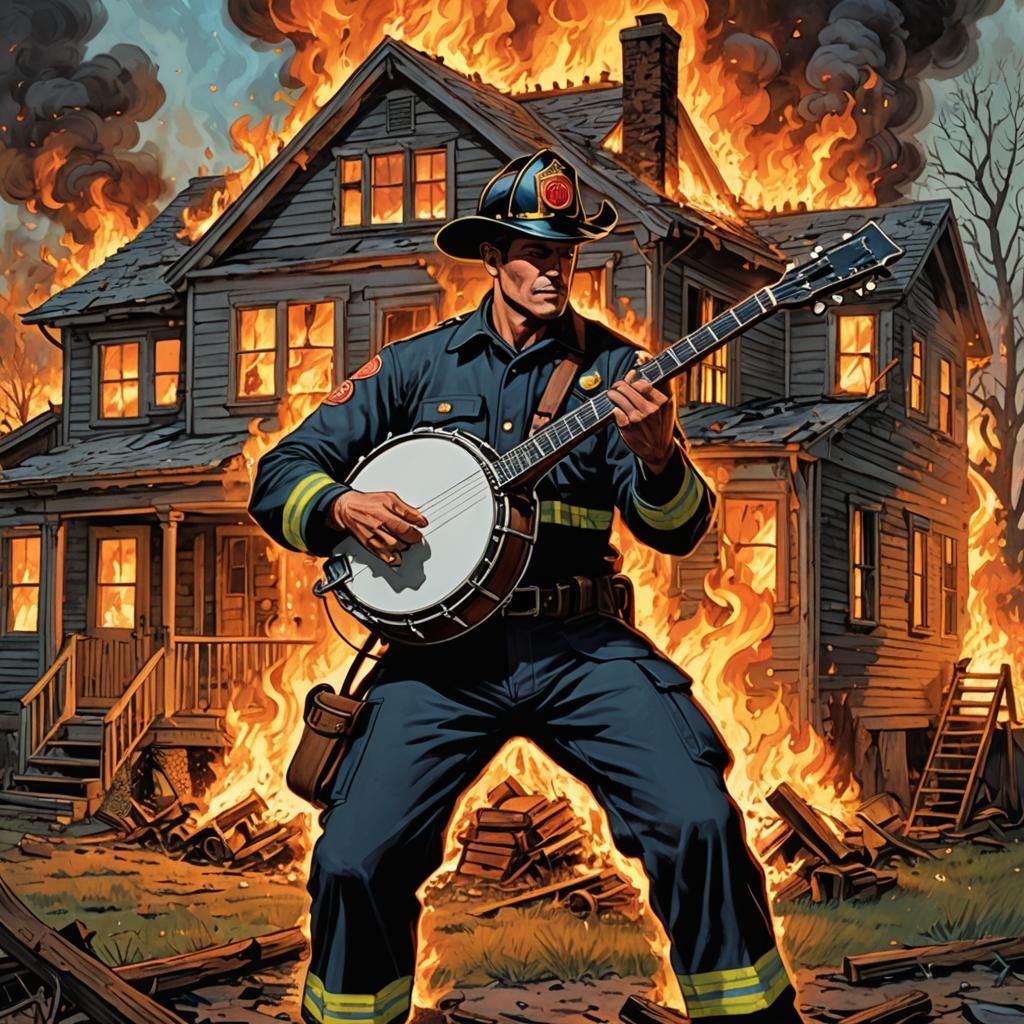 Firefighter Banjo Serenade at Burning Schoolhouse