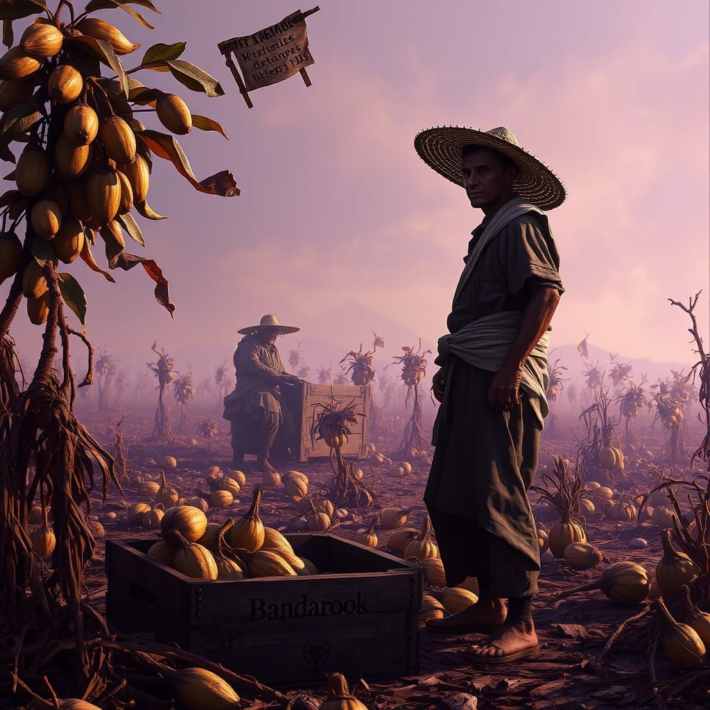Mexican Farmers Amidst Withering Crops: Dark Fantasy Art