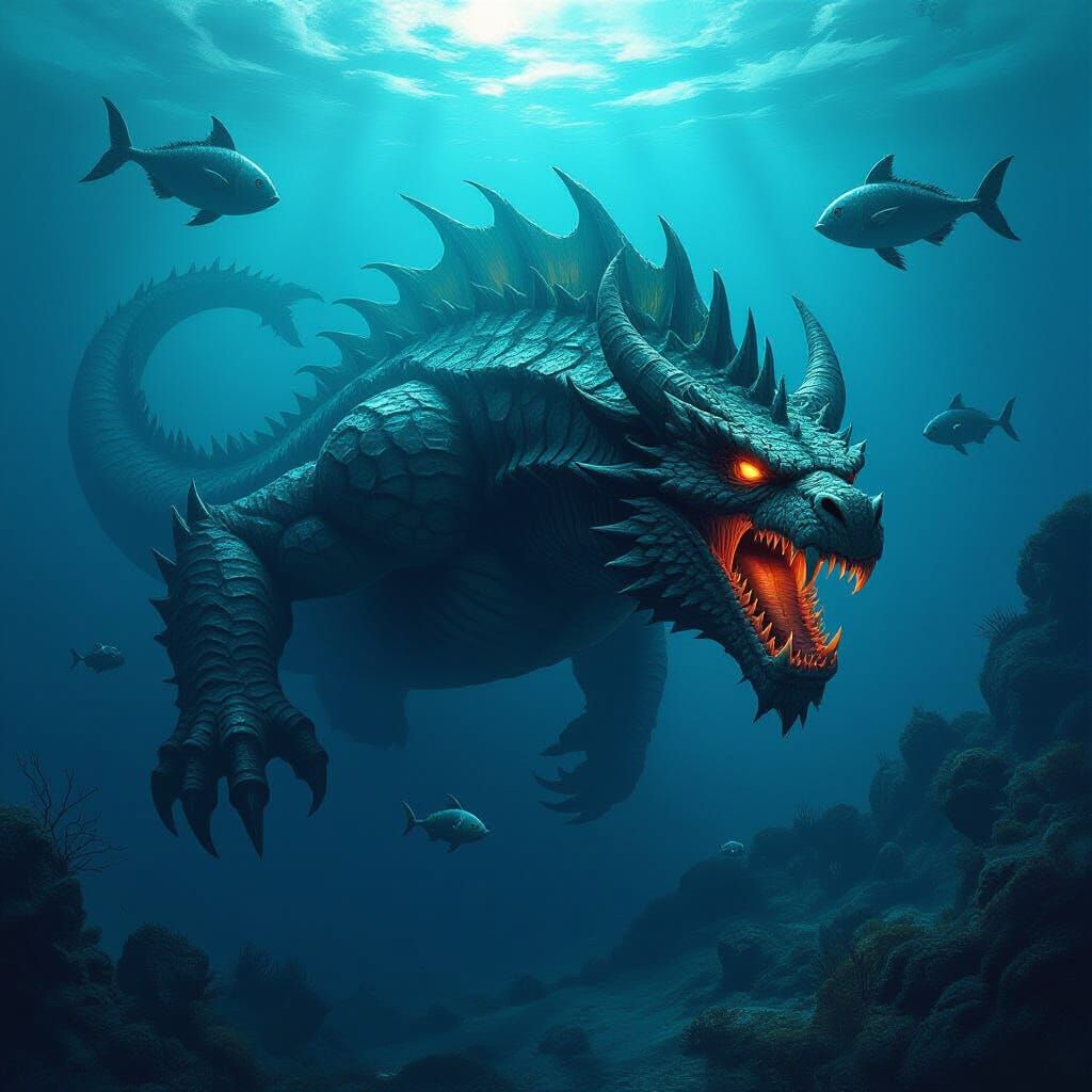 Giant Sea Orc Dragon in Dark Ocean Depths
