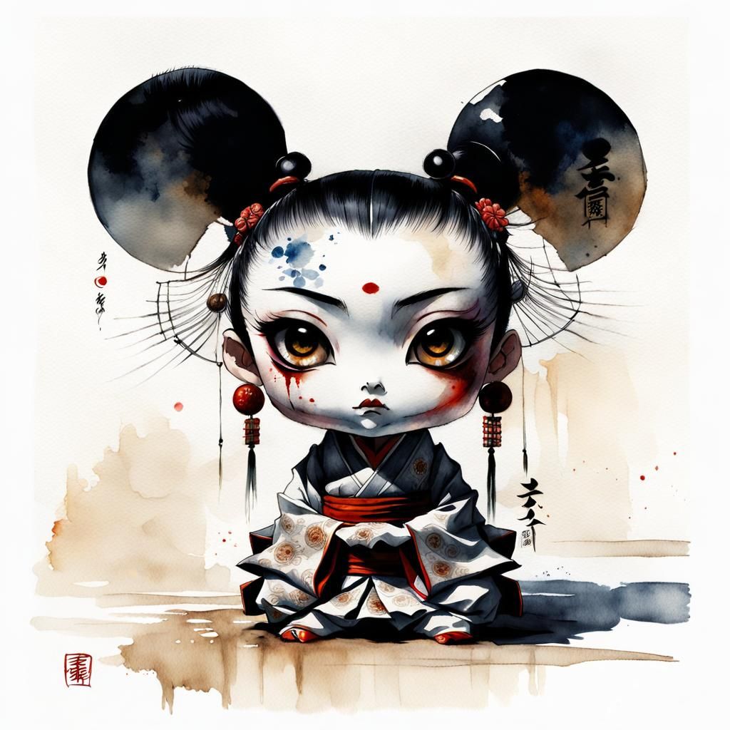 Anime Geisha Chibi Character in Watercolor