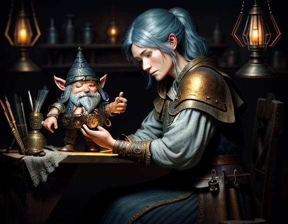 Gnome Repairing Automaton in Dark Fantasy Style