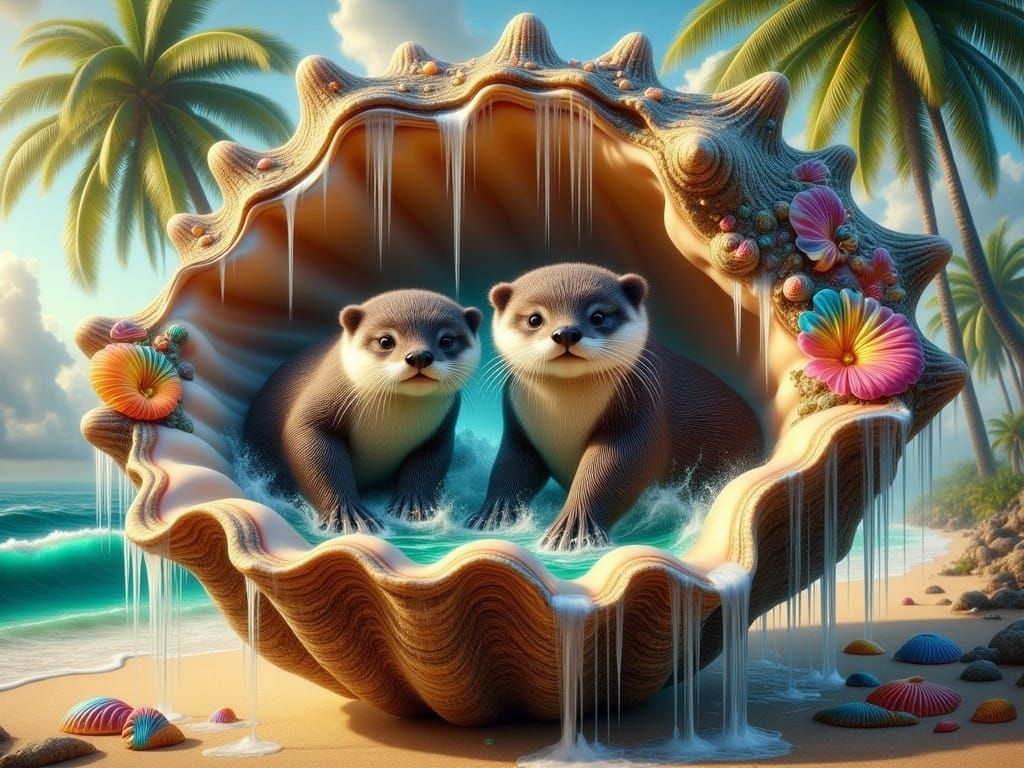 Hyperrealistic Otters in a Fantasy Seashell