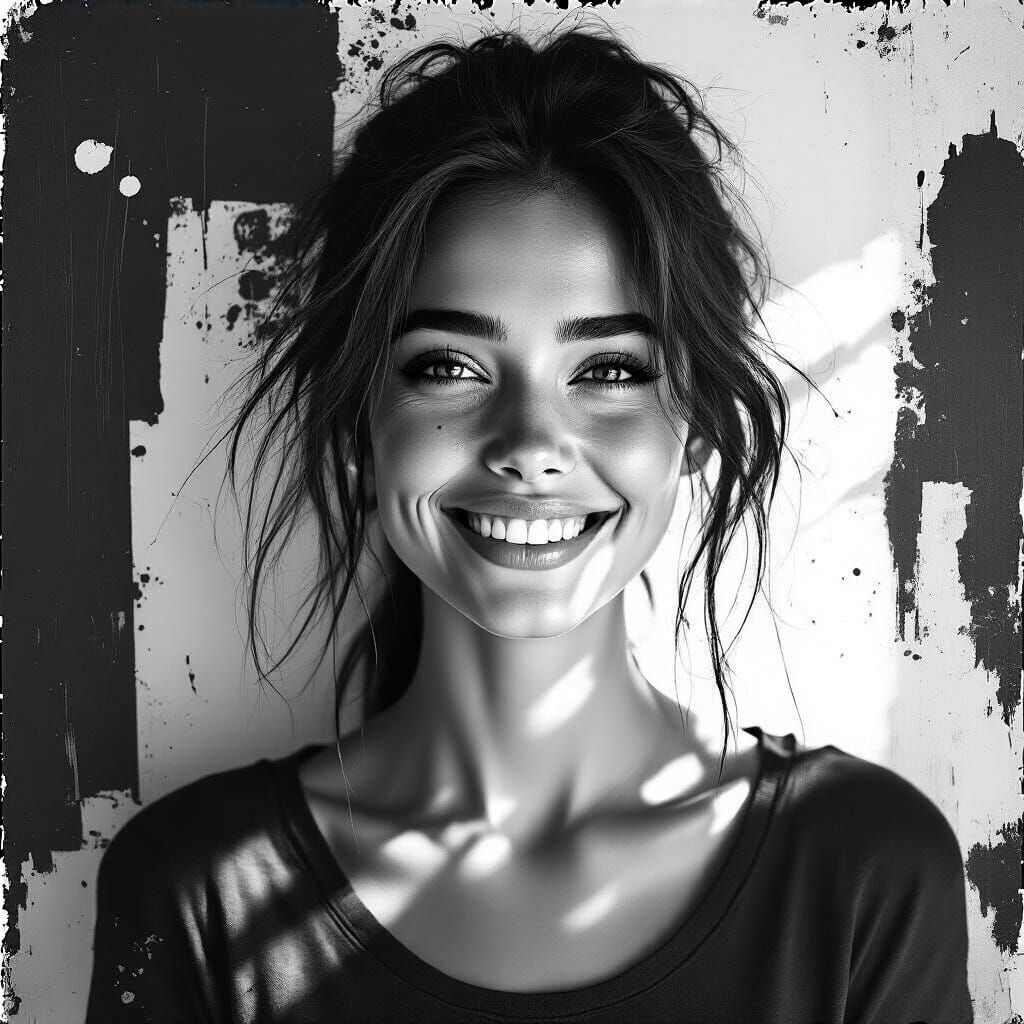 Monochrome Portrait of Smiling Woman with Abstract Backgroun...