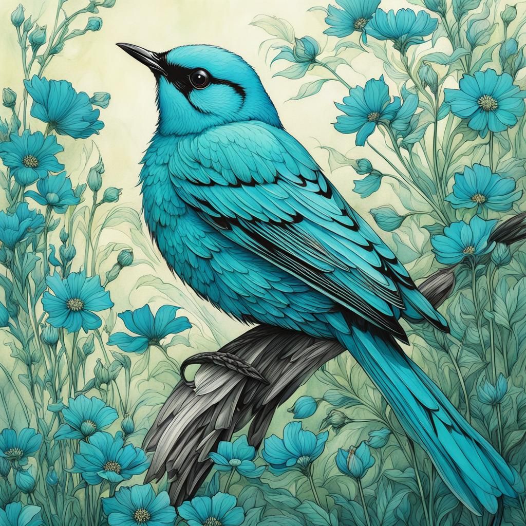 Turquoise Bird Among Wildflowers: Anime Art