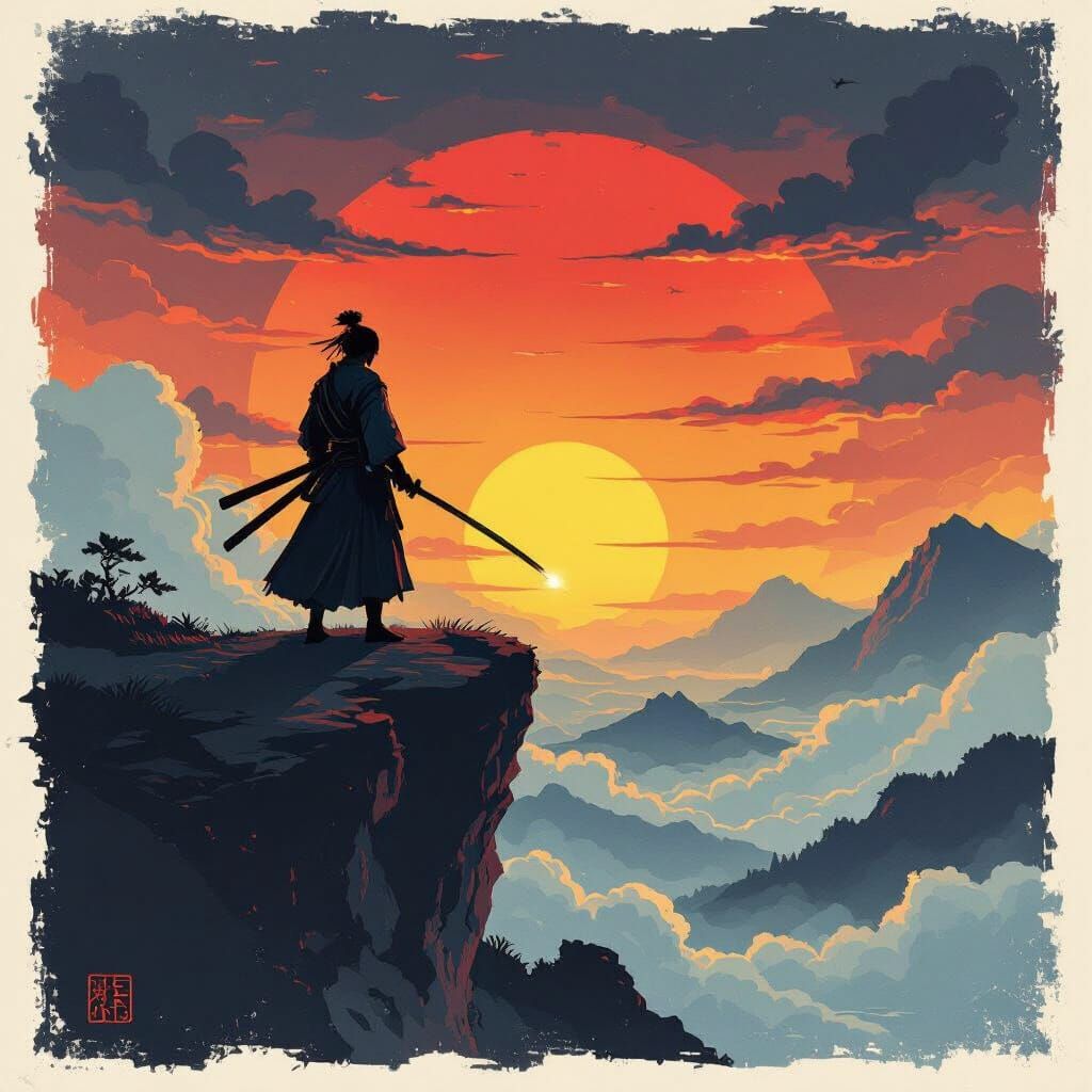 Samurai Warrior on Cliff at Fiery Sunset in Ukiyo-e Style