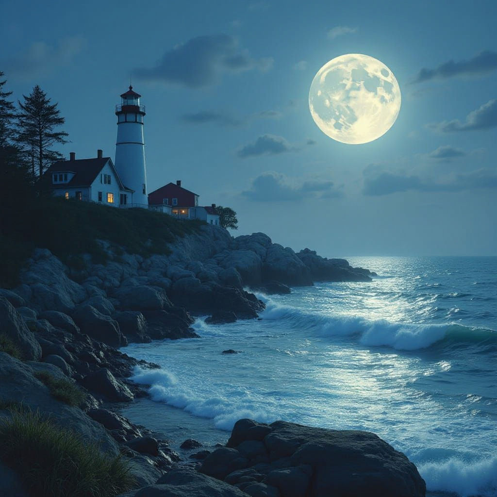 New England Coast: Full Moon Shimmering on Calm Sea