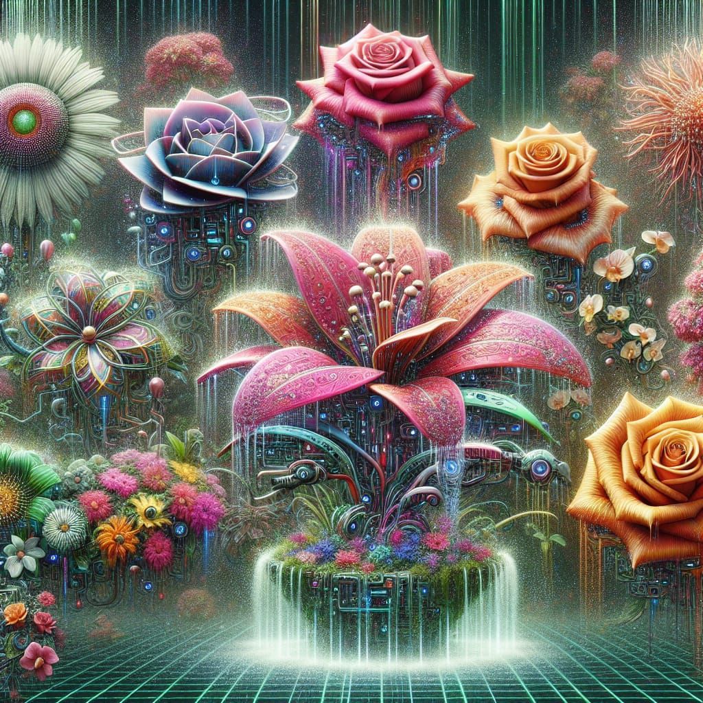 Biomechanical Flowers in Vivid Cyberpunk Garden