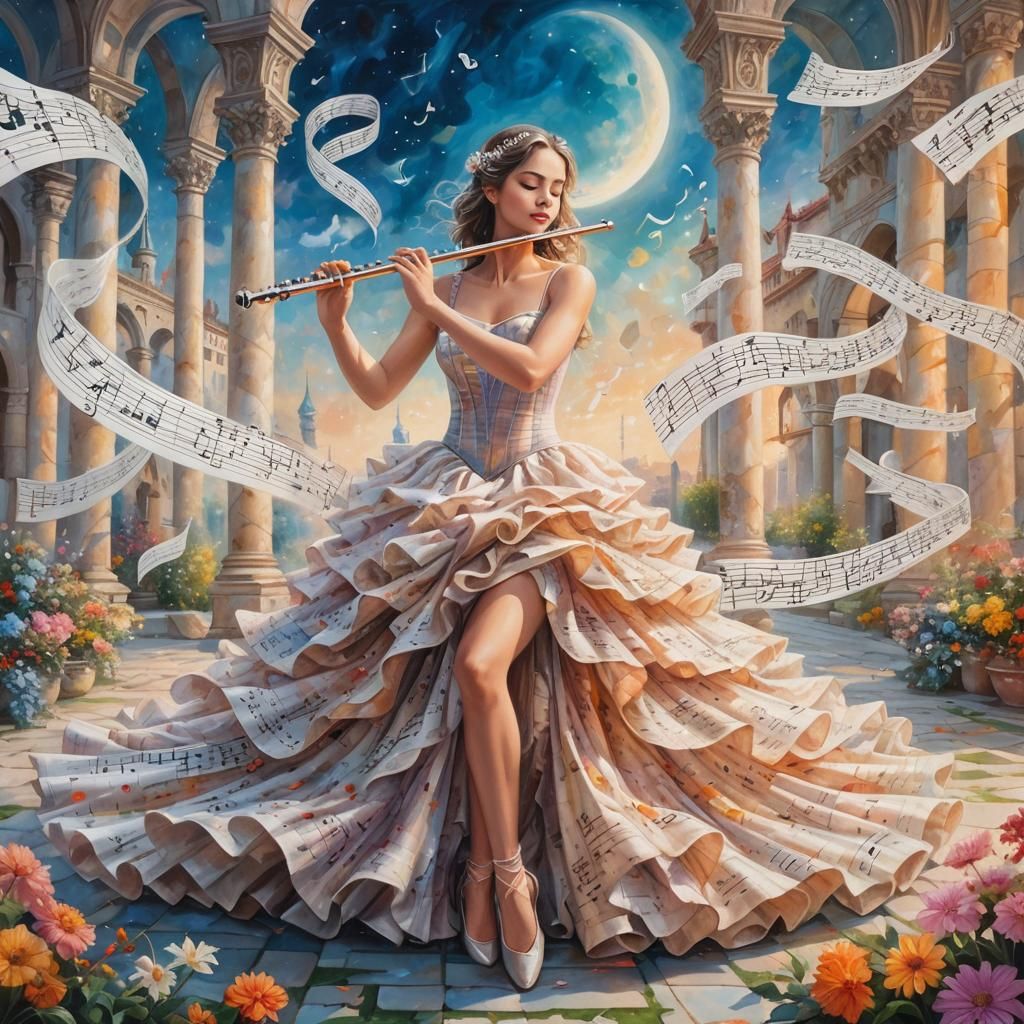 Woman Playing Flute in Fantasy Castle: Oil Painting