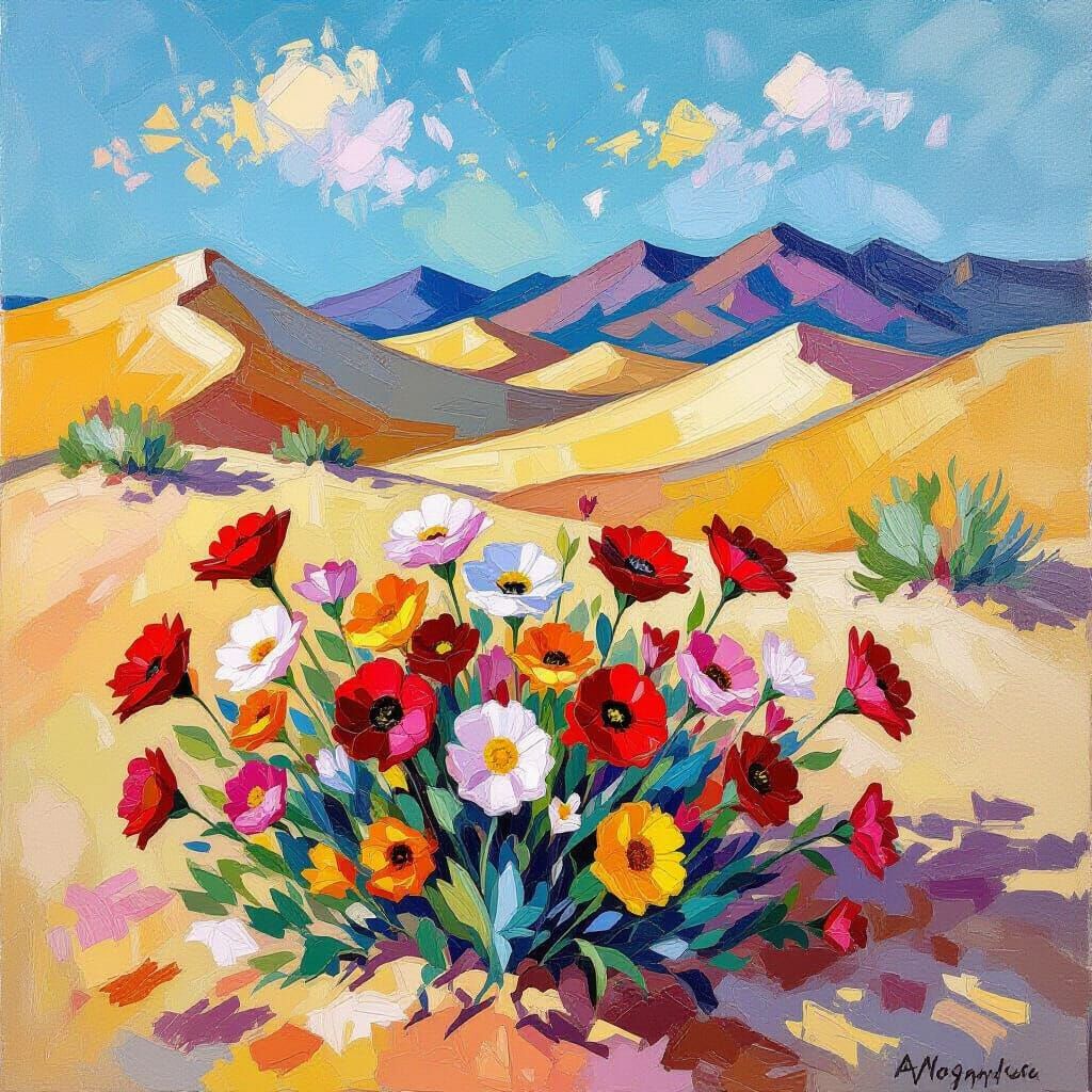 Desert Blooms: Vibrant Neo-Impressionist Floral Landscape