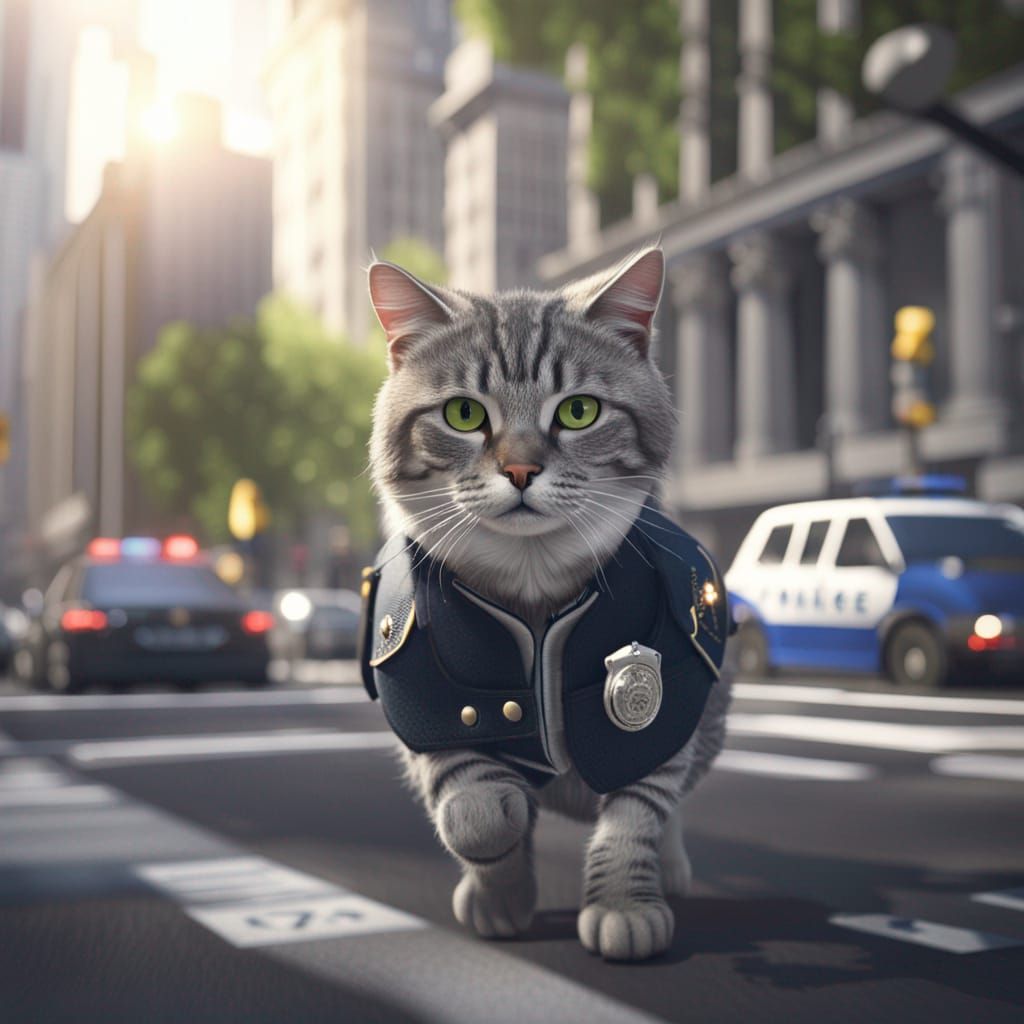Tabby Cat Officer Patrolling 5th Avenue in 3D