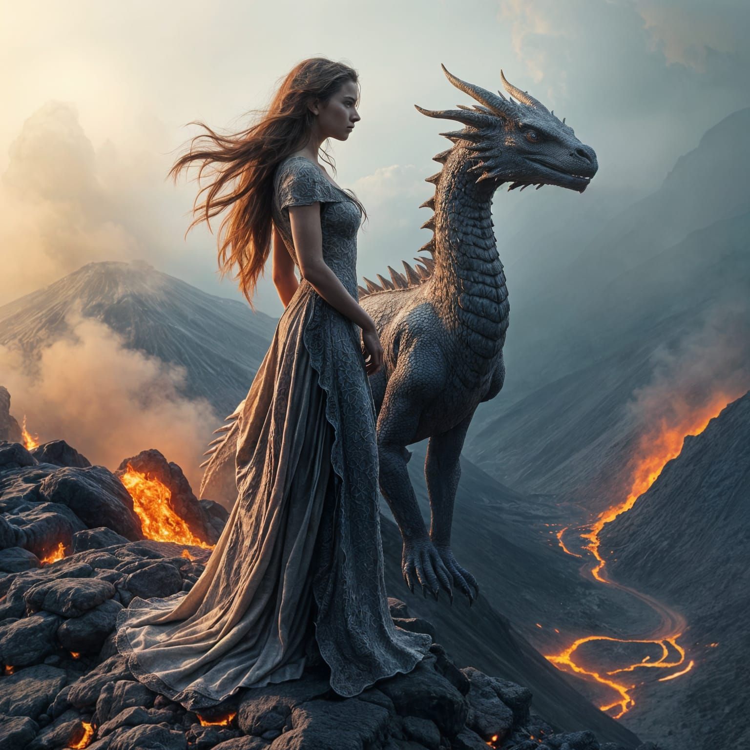Hyperrealistic Woman Stands on Volcano's Edge with Majestic ...