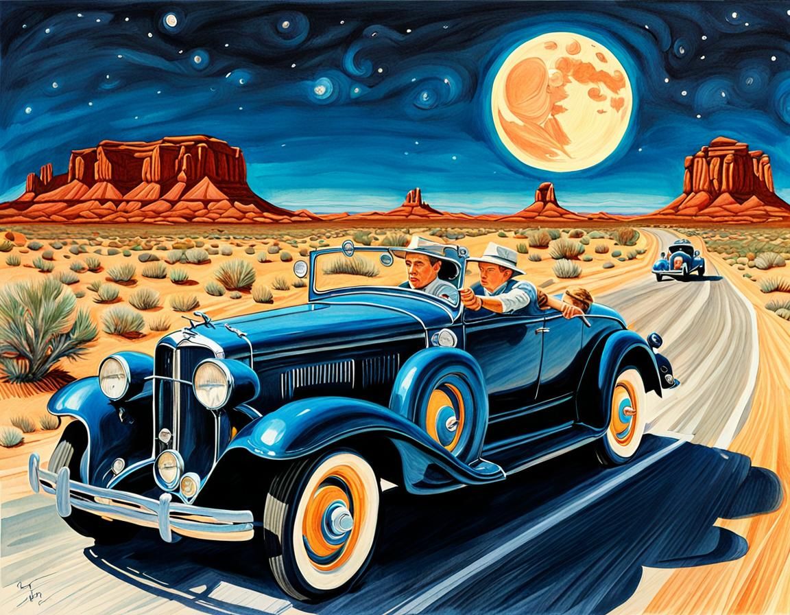 Paper Moon Scene on Desert Highway in Pencil Art