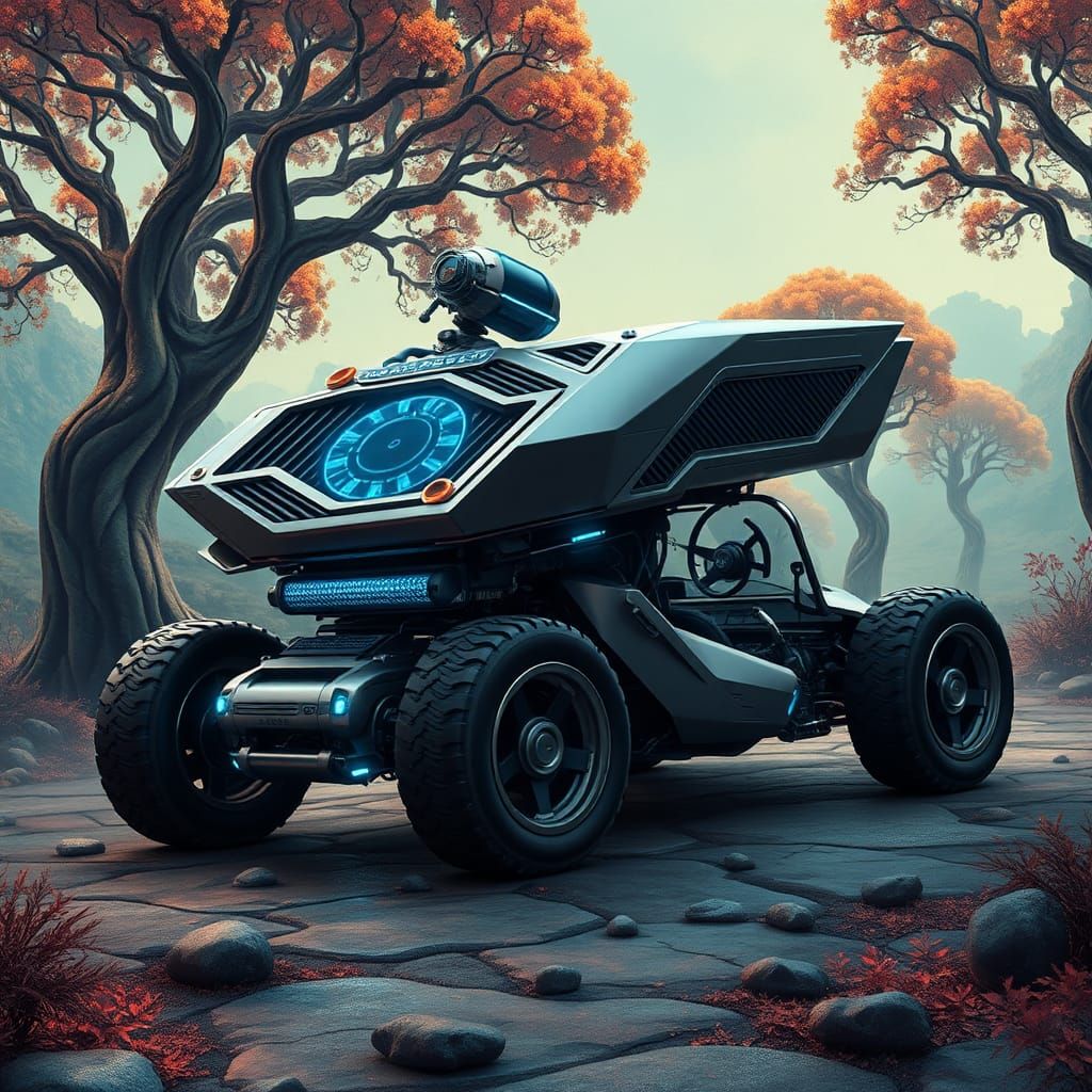 Futuristic Robot Graphics Card on Retro Car