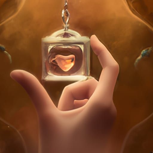 Hand Holding Locket in Glass Cube, Digital Illustration