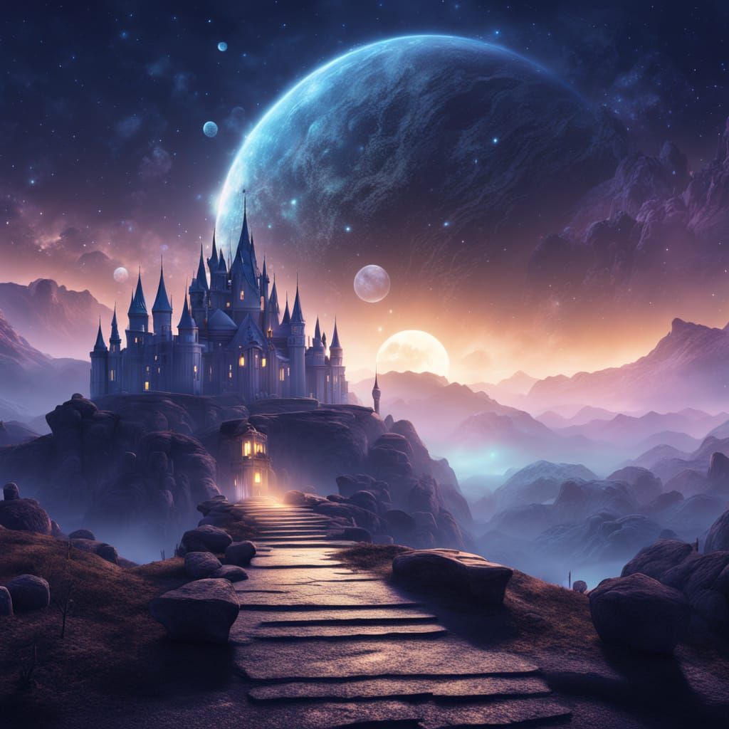 Majestic Fantasy Castle Illuminated by a Starry Night Sky