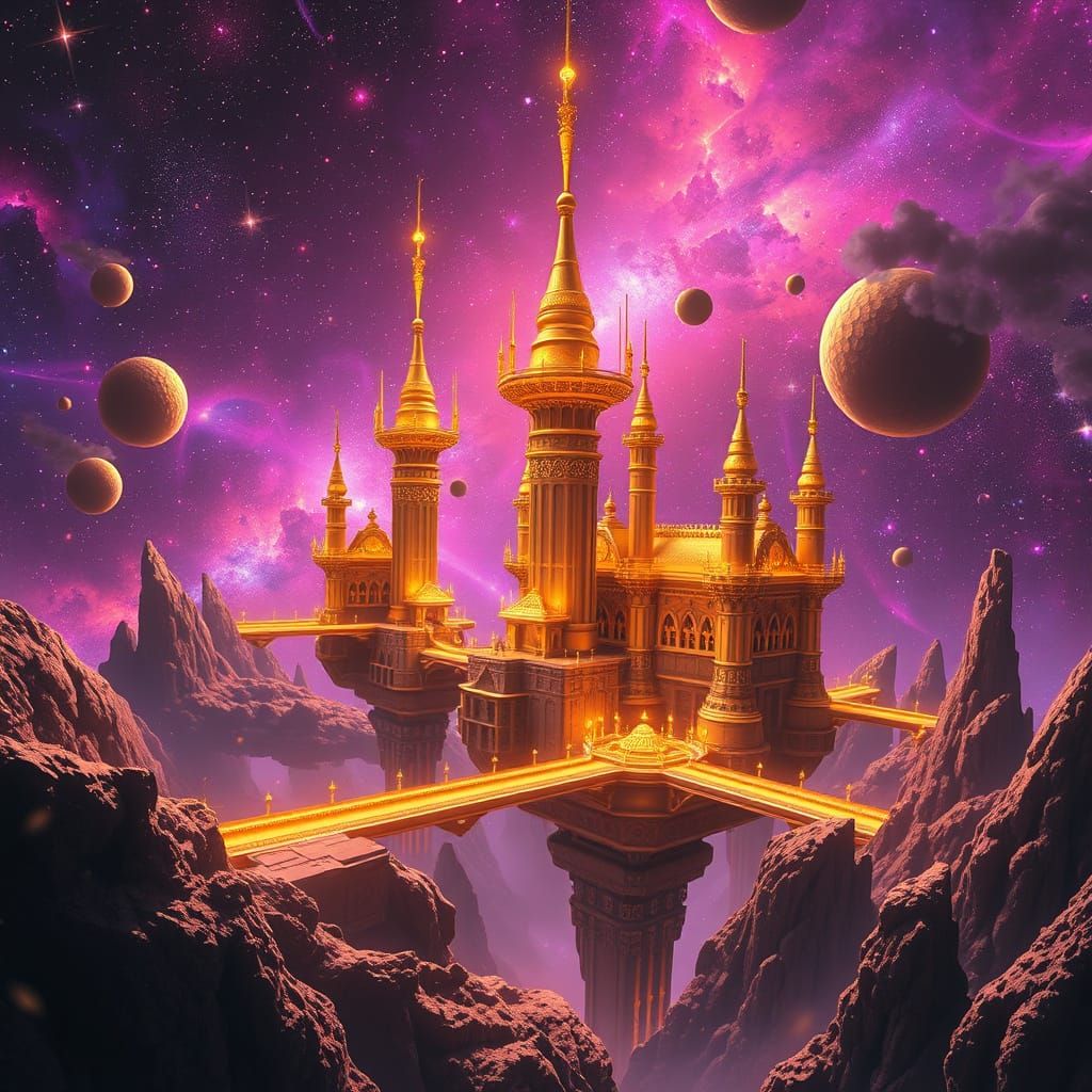 Celestial Golden Palace Among Stars in Cosmic Art Style