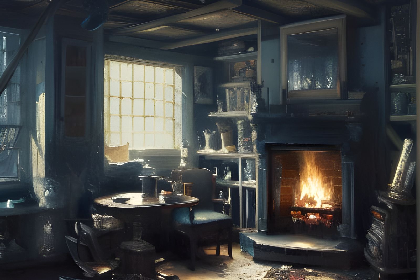 Cozy Cottage Interior Oil Painting with Fireplace