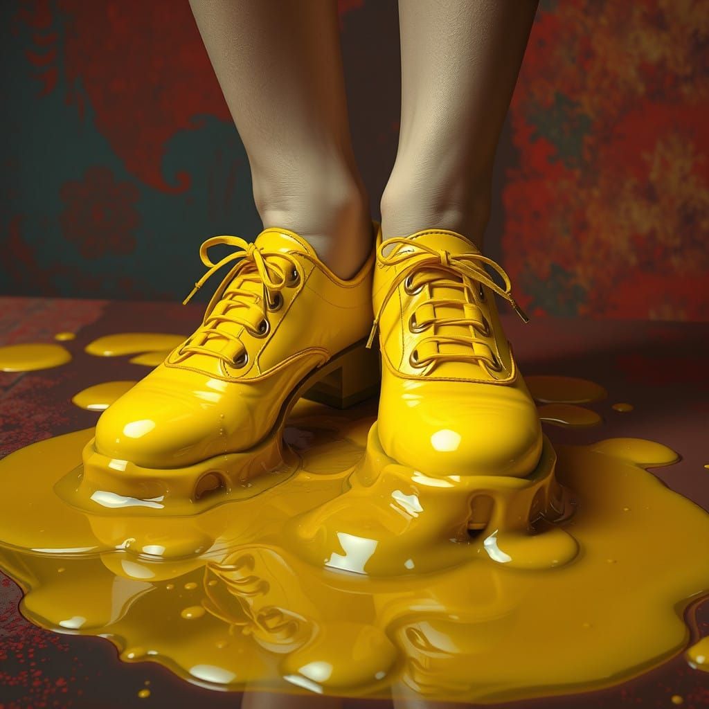 Hyper-Realistic Feet Stuck in Glue in Vibrant Yellow Mary Ja...
