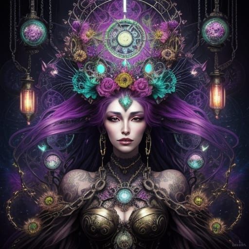 Steampunk Fantasy with Neon Fireflies and Gears