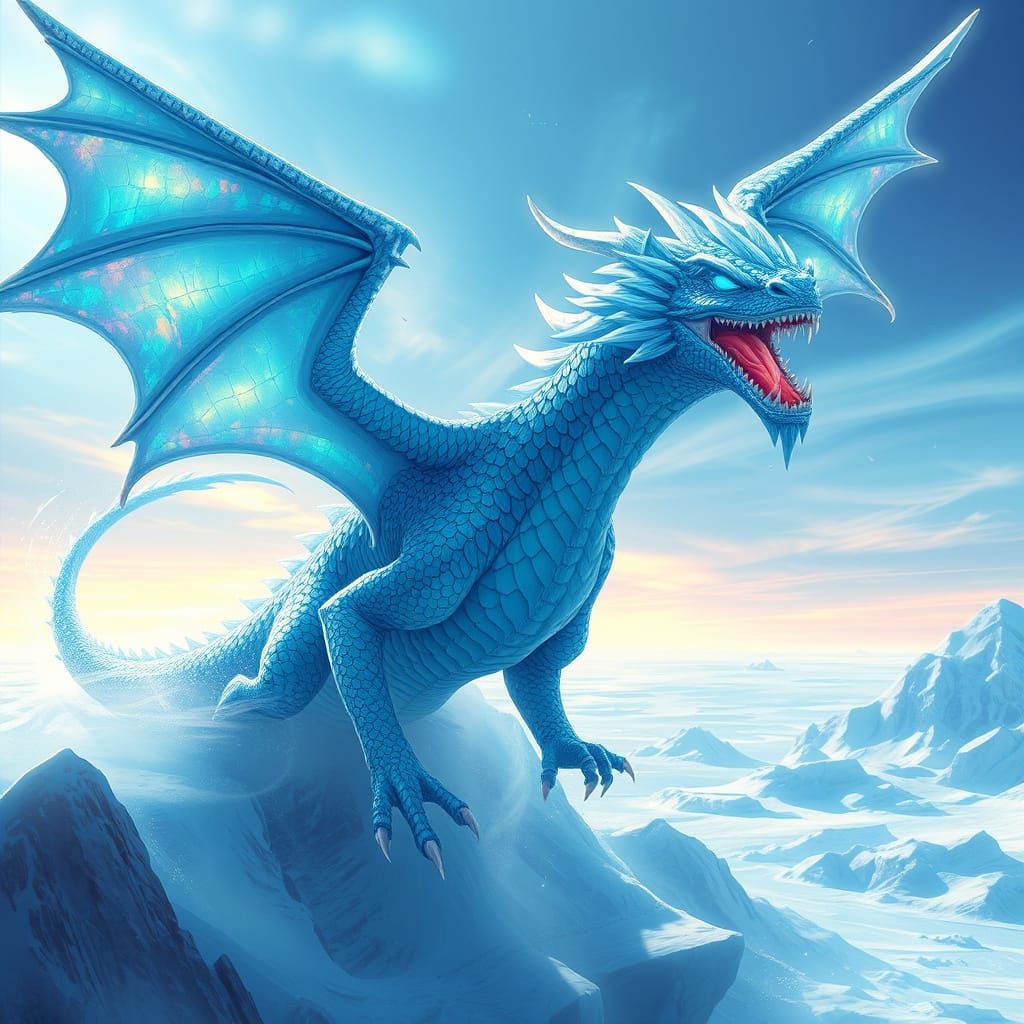 Ice Dragon Soaring in Frozen Landscape
