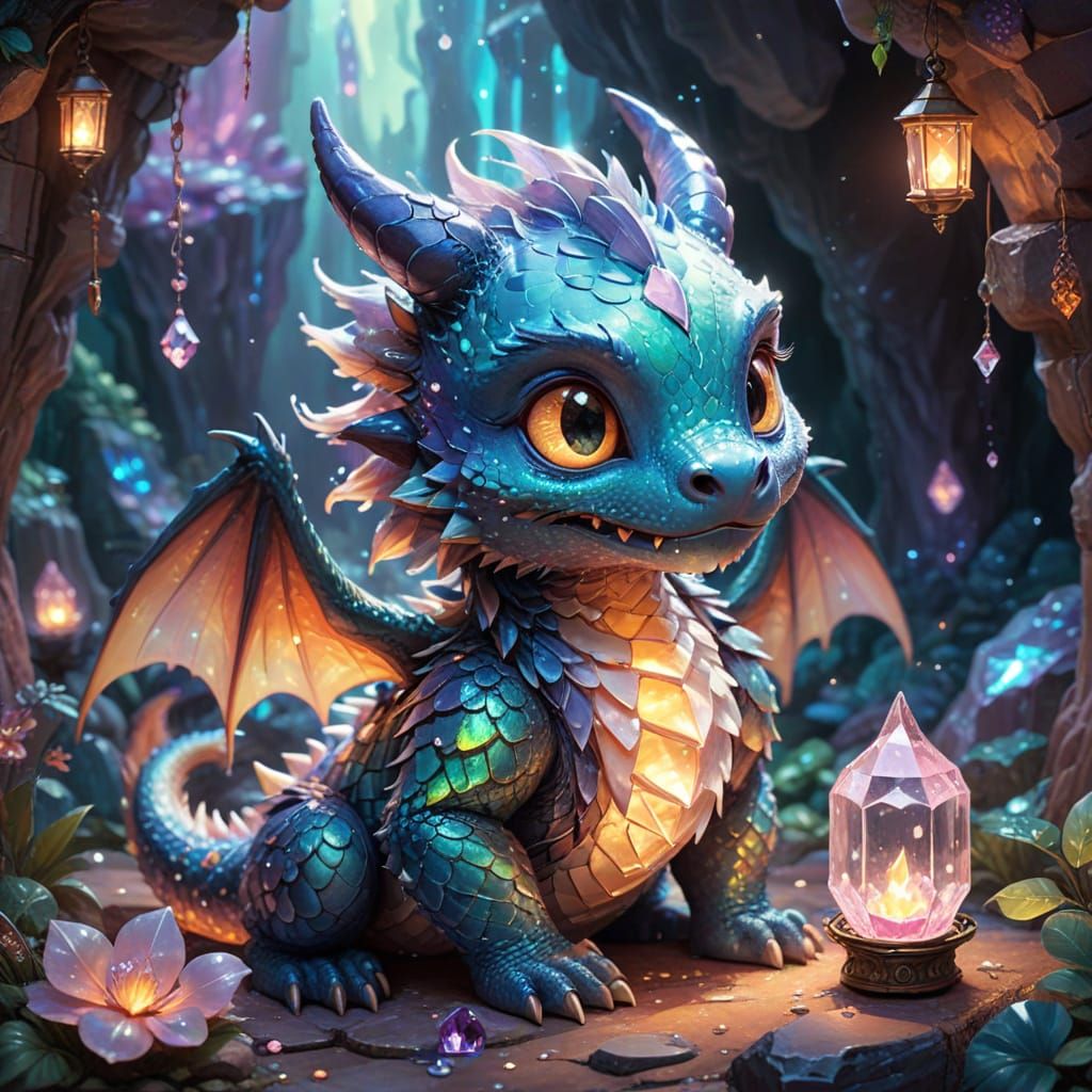 Cute Chibi Dragon on Crystals in Studio Ghibli Style