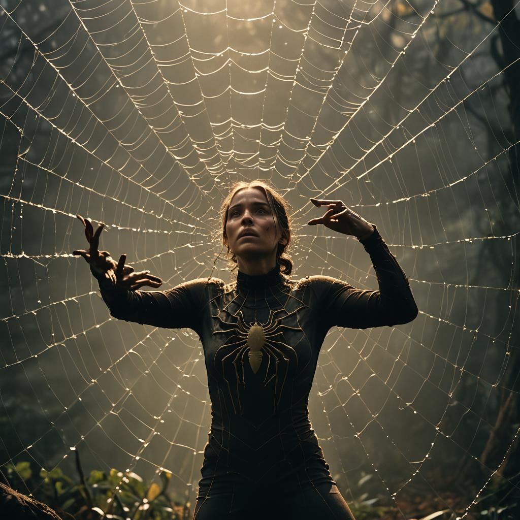 Figure Entangled in Giant Spiderweb: Cinematic Still