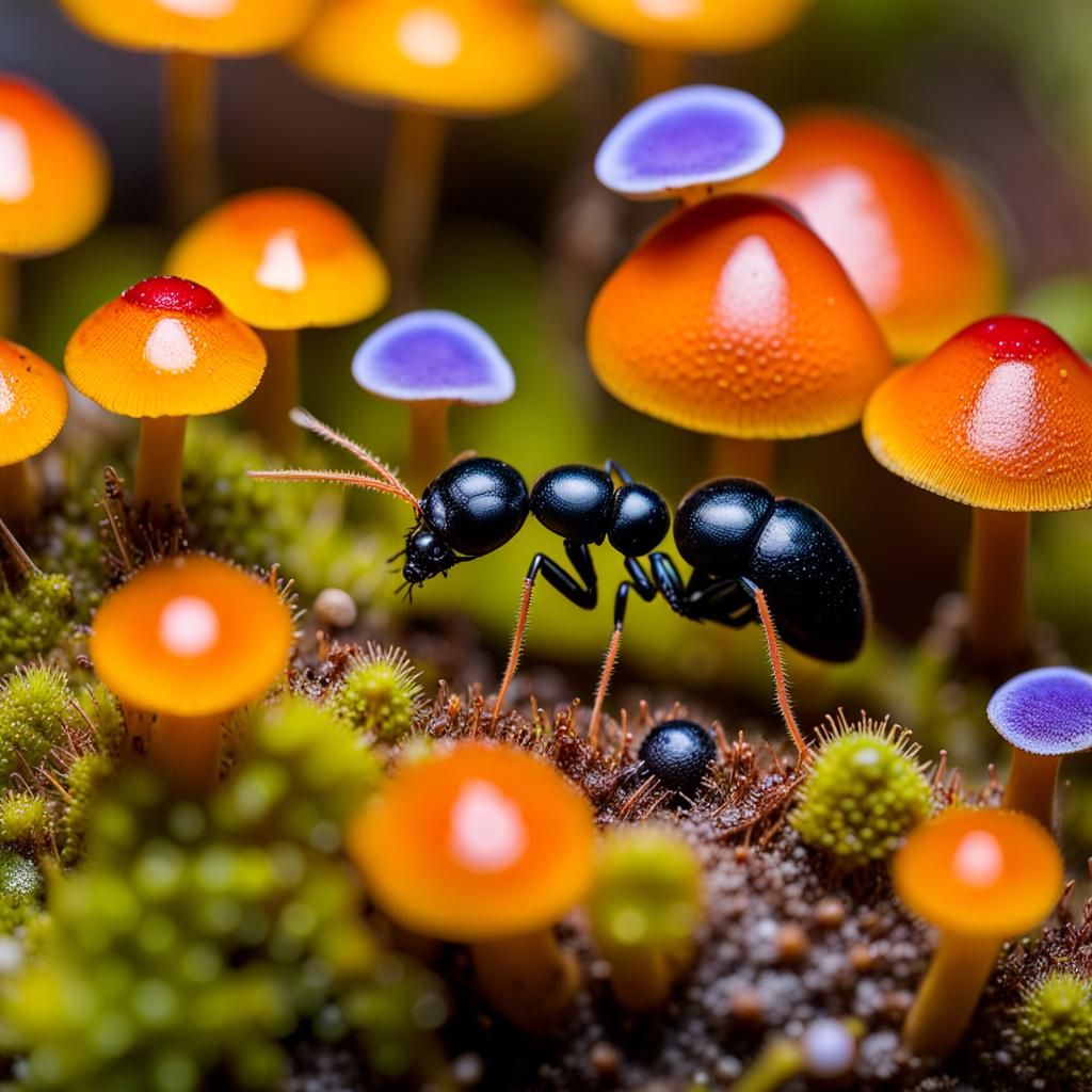 Macro Ant Exploring a Fungi Wonderland