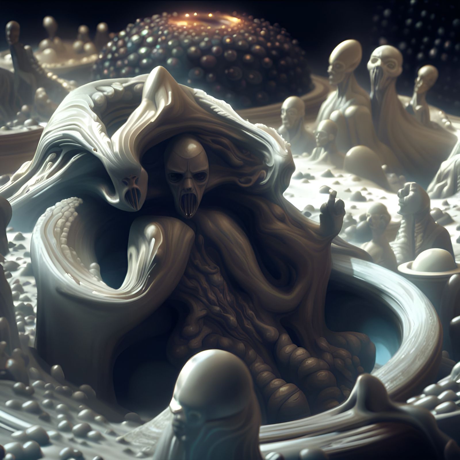 Bizarre Feast: Futuristic People in Dreamlike Setting