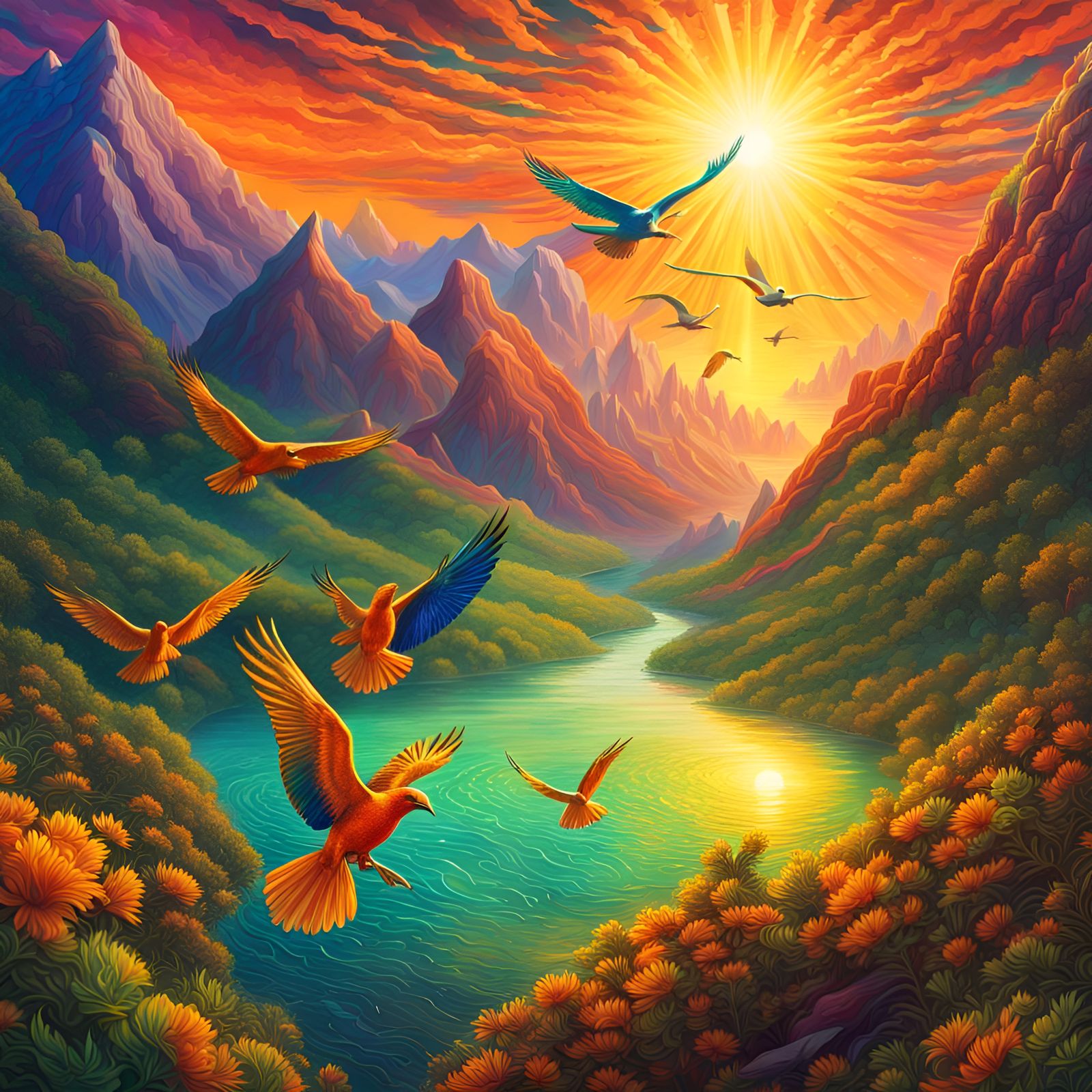 Astral Sunrise Over Mountain River: Cosmic Illustration
