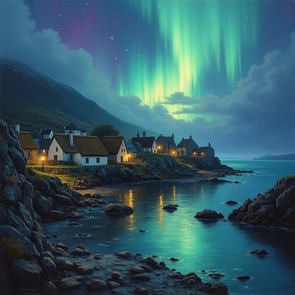 Aurora Borealis Illuminates Scottish Village, Impressionist ...