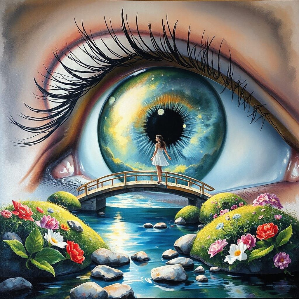 Eye Reflecting Spring Creek as Gouache Painting