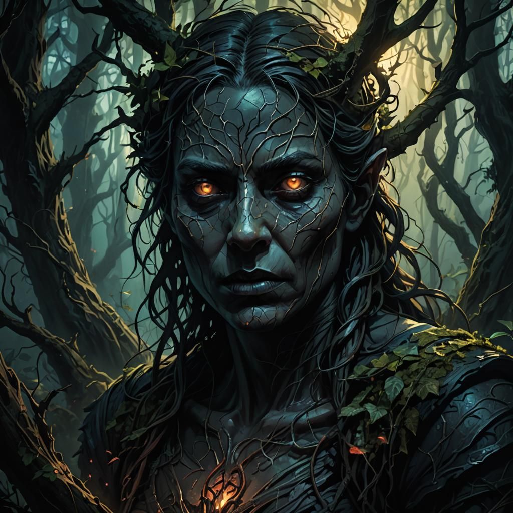 Dark Fantasy Beldame Portrait in Mystical Forest