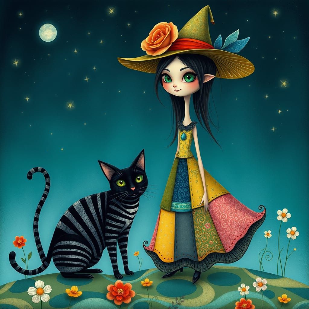 Enchanting Whimsical Scene with Elongated Girl and Cat in Dr...