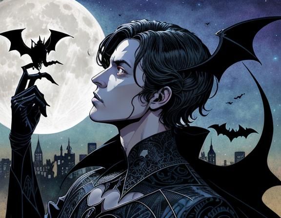 Double Exposure: Bat, Moon, Gothic Skyline in Art Nouveau