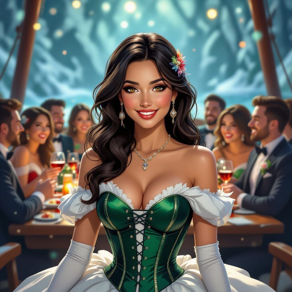 Woman in Corset Gown at Christmas Boat Party