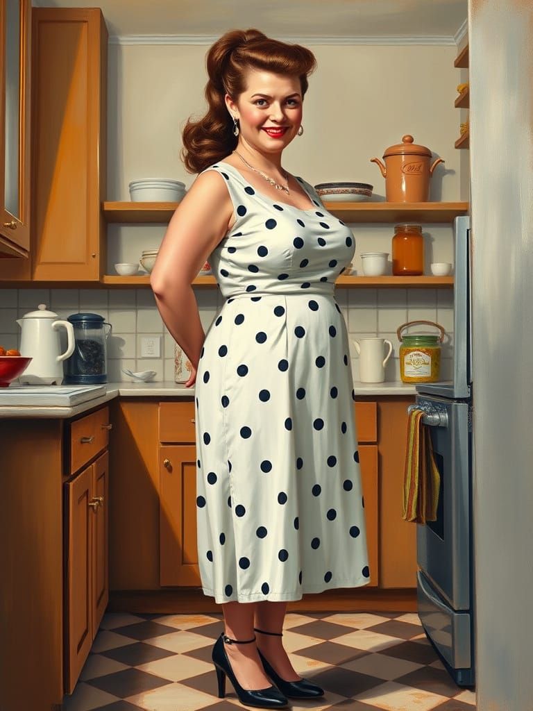 1950s Housewife in Kitchen as Impressionistic Oil Painting