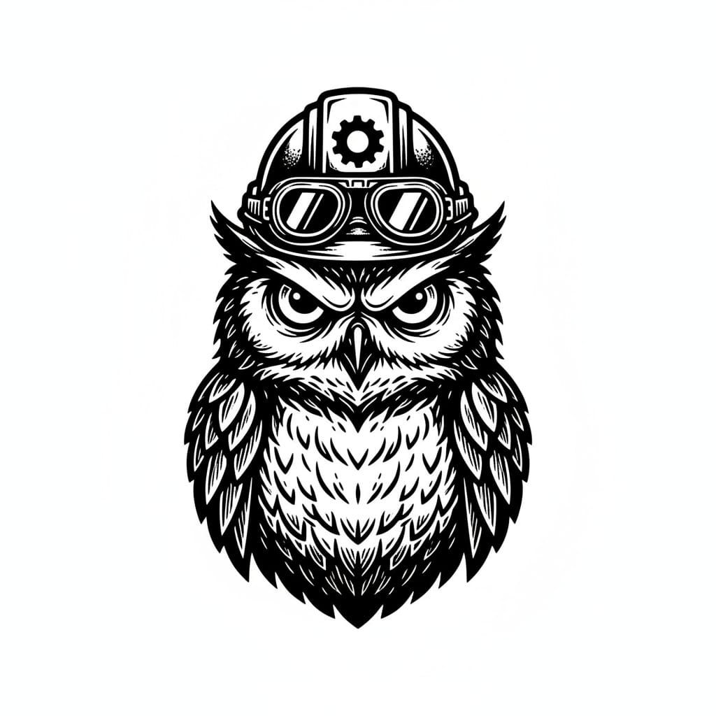 Grumpy Owl Engineer Logo in Woodblock Style