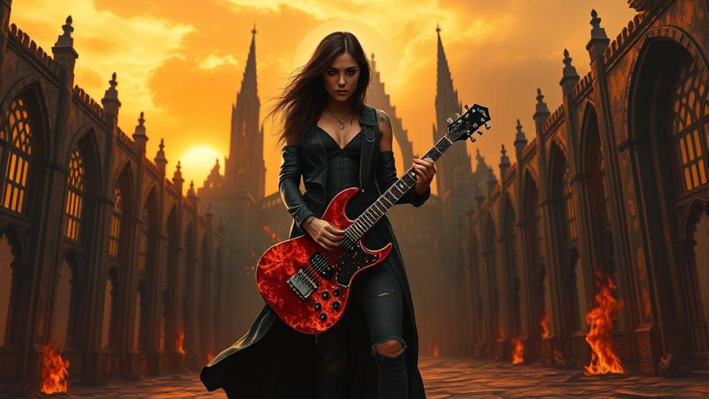 Post-Apocalyptic Woman with Guitar in Dramatic Sunset