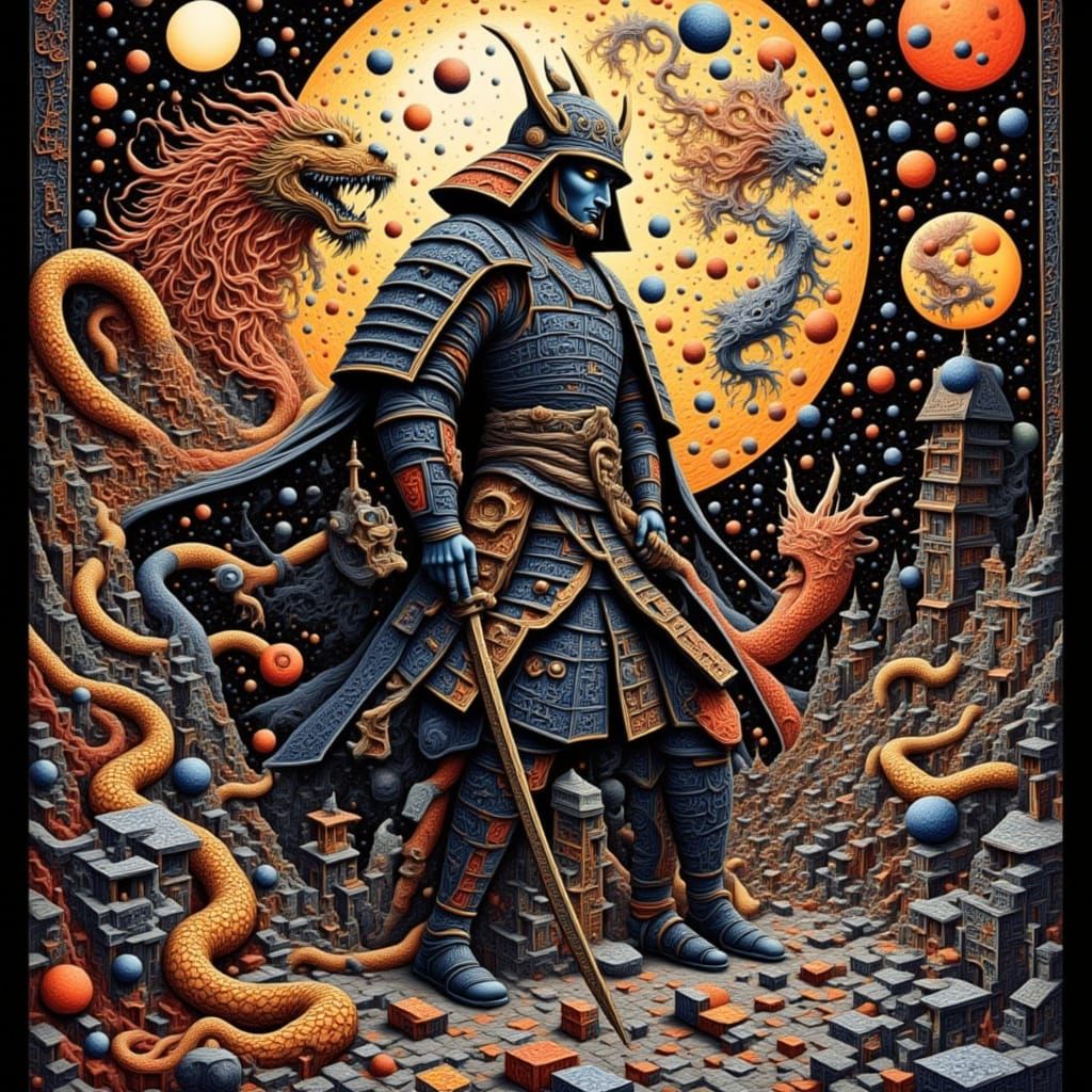 Samurai Warrior with Dragons in Cyberpunk Ukiyo-e Style