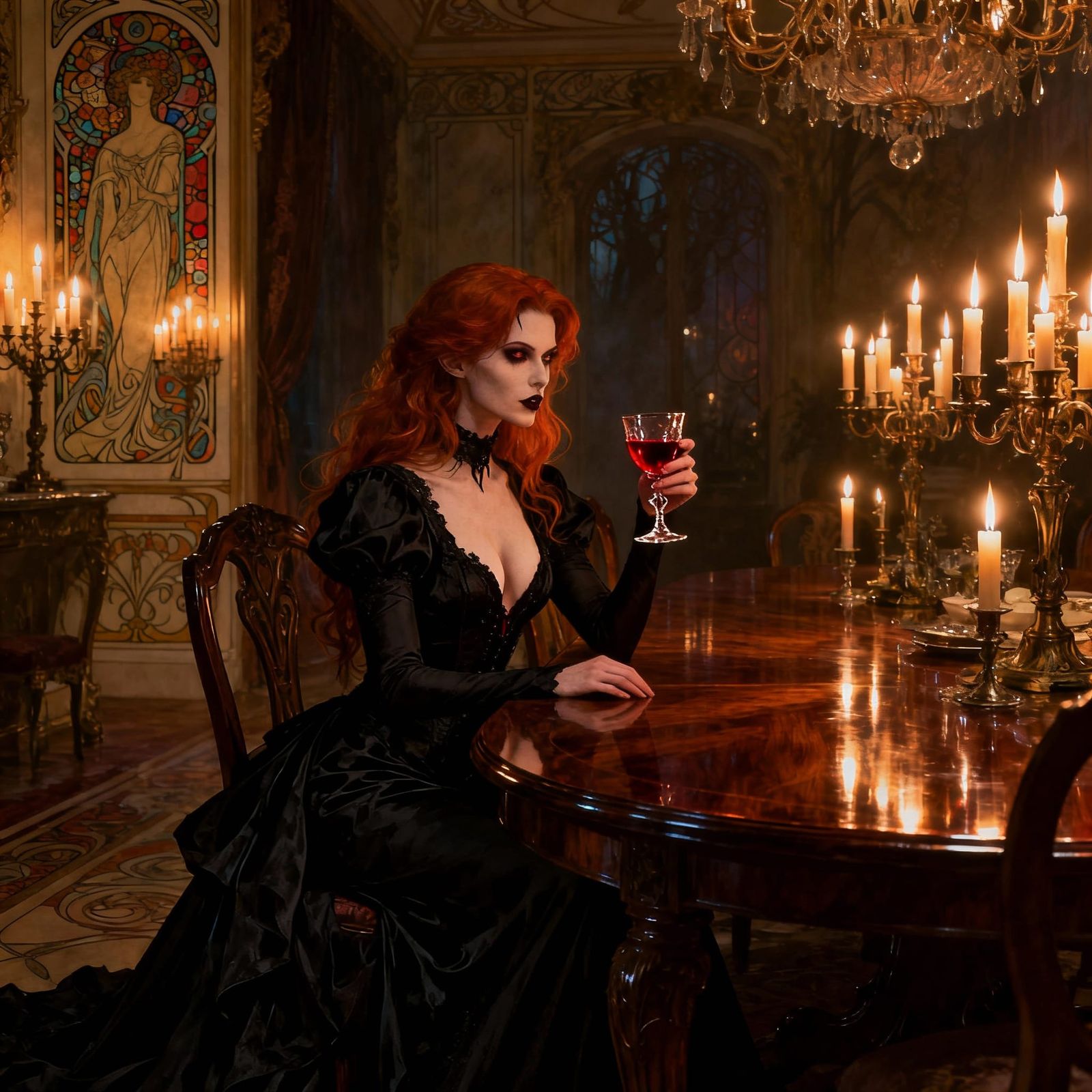 Vampire Woman in Opulent Room, Gothic Art Nouveau
