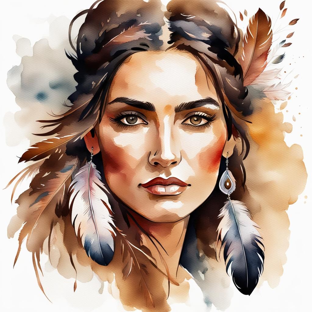 Bohemian Woman Portrait with Watercolor Accents