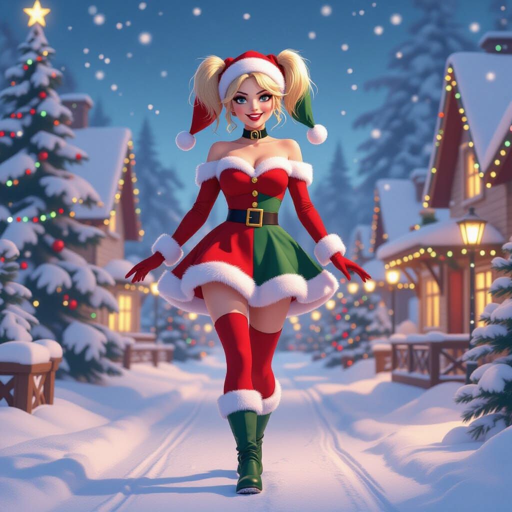 Harley Quinn in Santa's Village: 3D Christmas Illustration