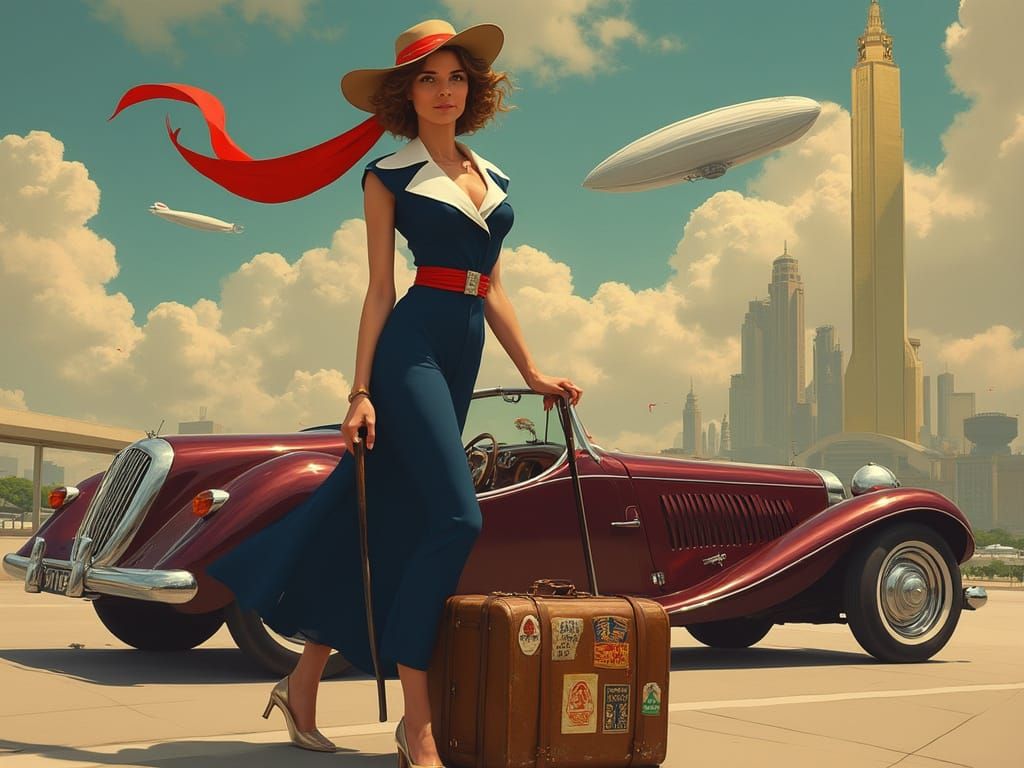 Elegant Woman at Retro-Futuristic Air Terminal