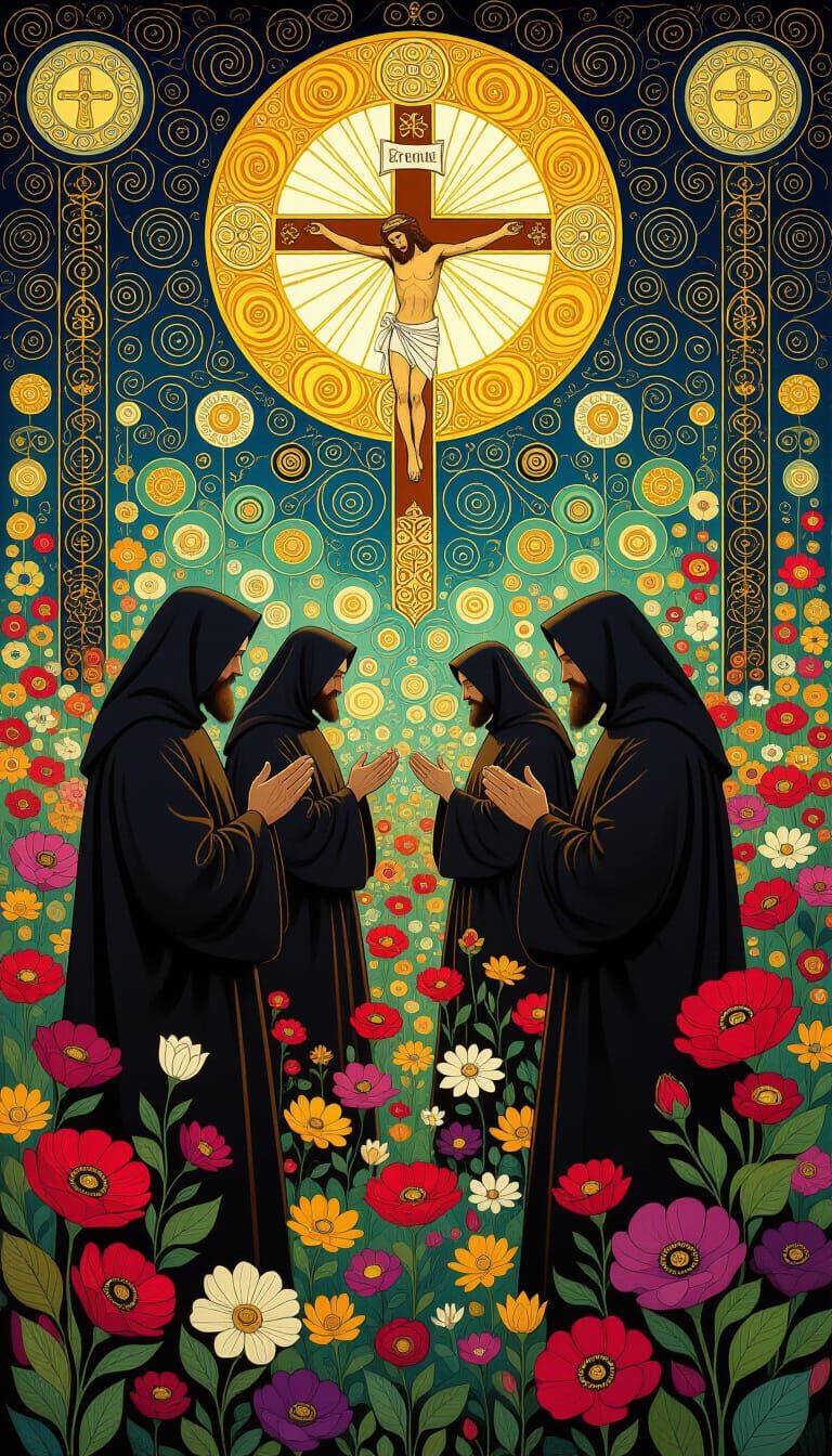 Monks Worship Christ in a Klimt-Inspired Floral Dream