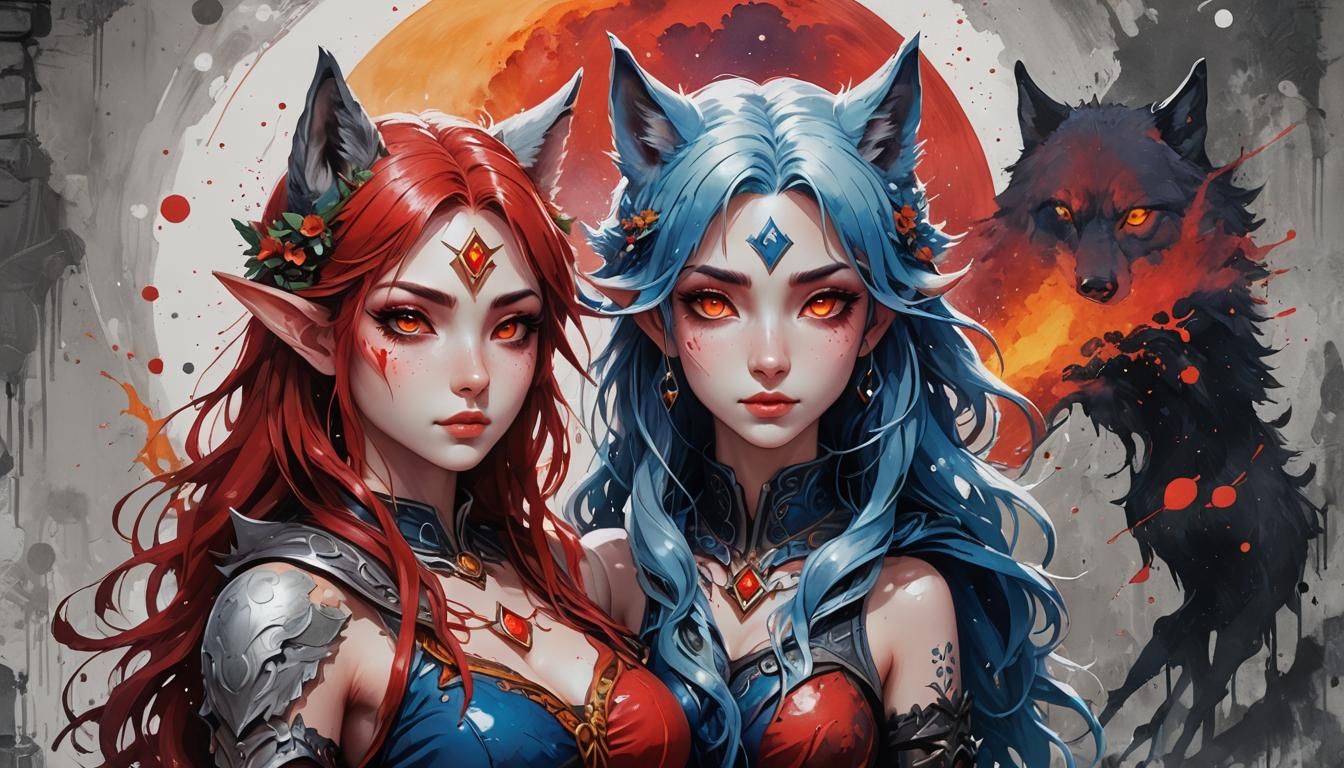 Wolf-Elf Girl: Graffiti Art with Red and Saphir Moon