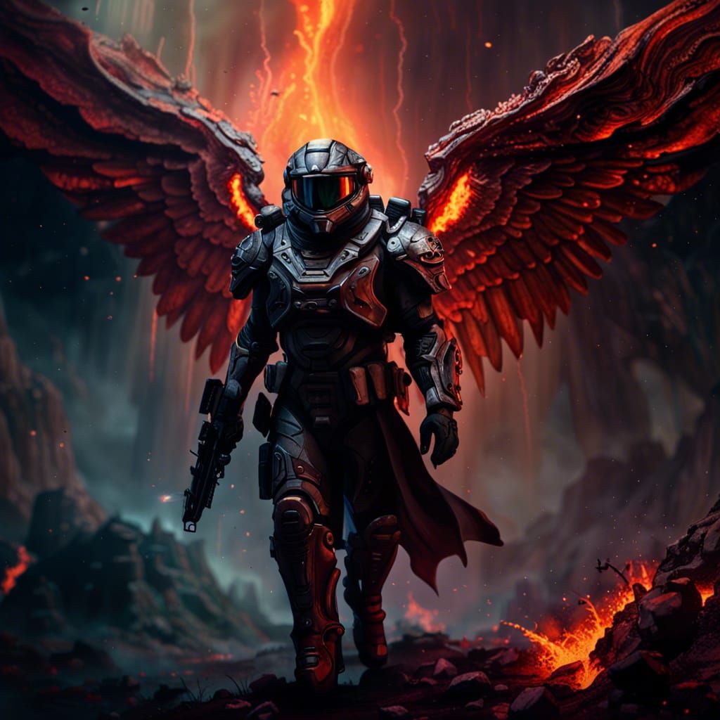 Tactical Soldier with Metal Wings in Hell