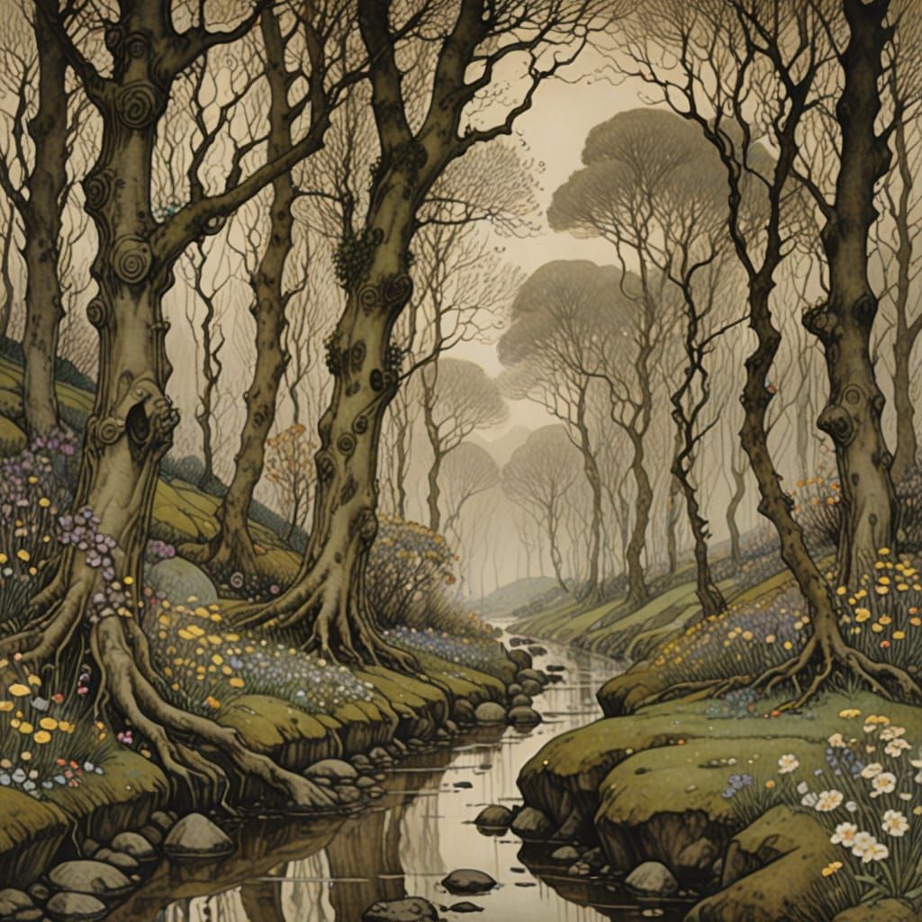 Rainy Spring Landscape in Lithographic Style