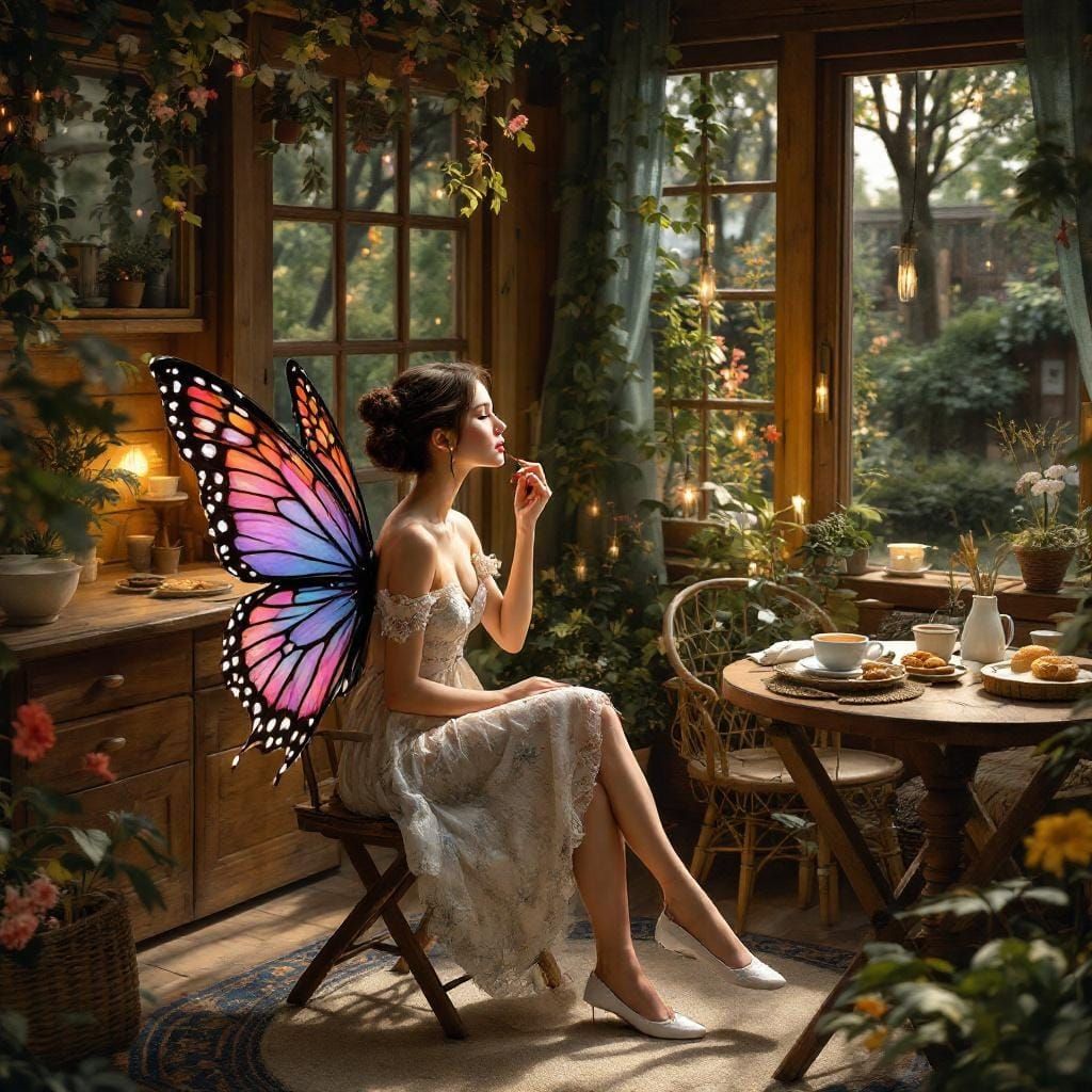 Woman with Butterfly Wings in Hyperrealistic Matte Painting