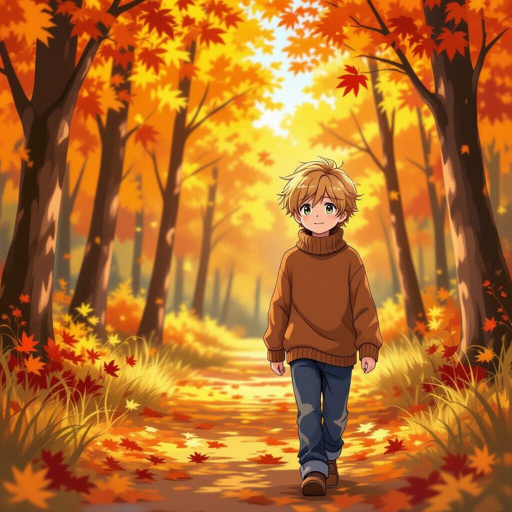 Anime Boy Walks Through Autumn Forest in Cozy Sweater
